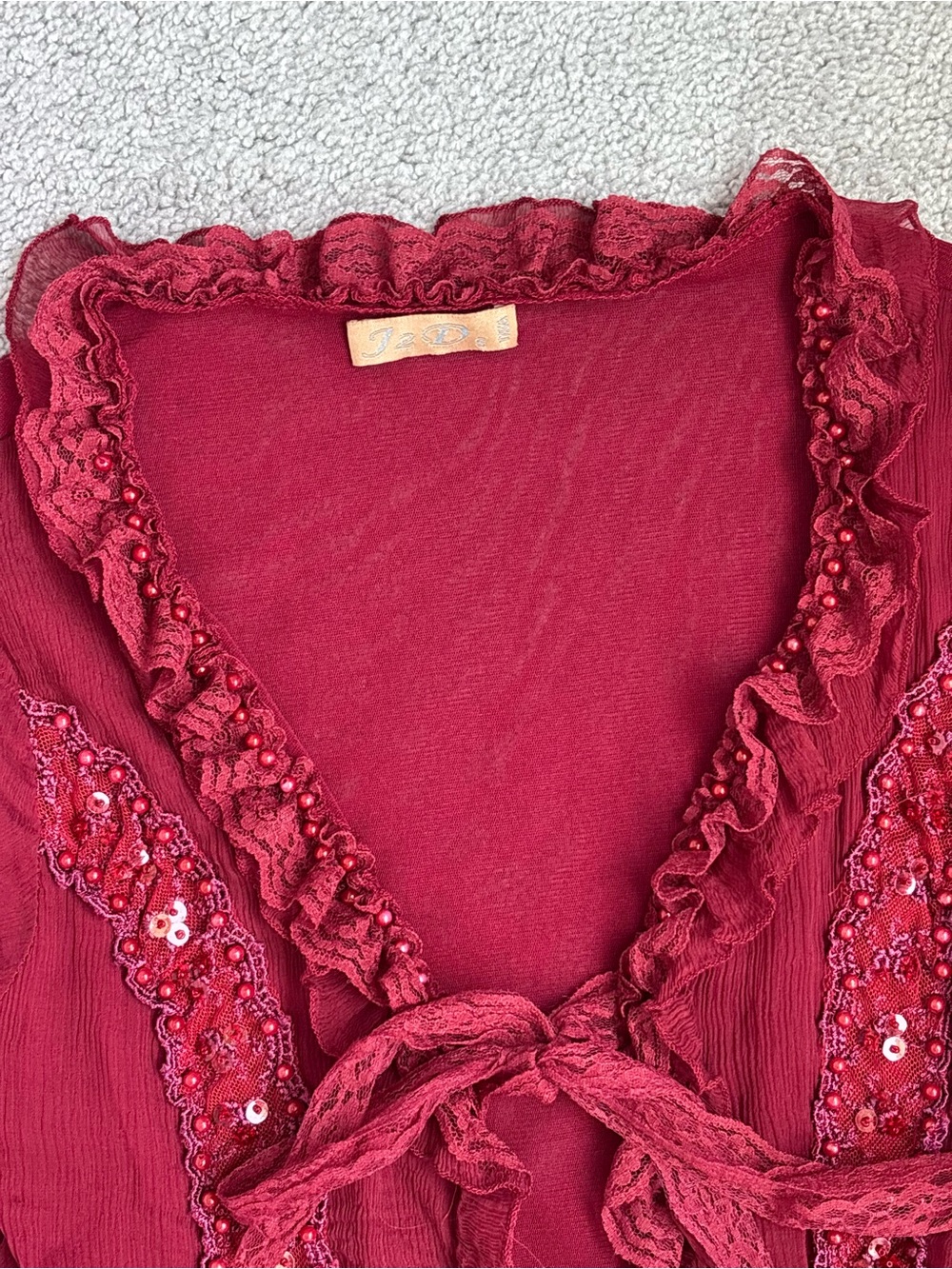 Vintage J2D 75% Silk Burgundy Beaded Ruffle Tie Front Blouse Fairycore Y2K S - Picture 10 of 11